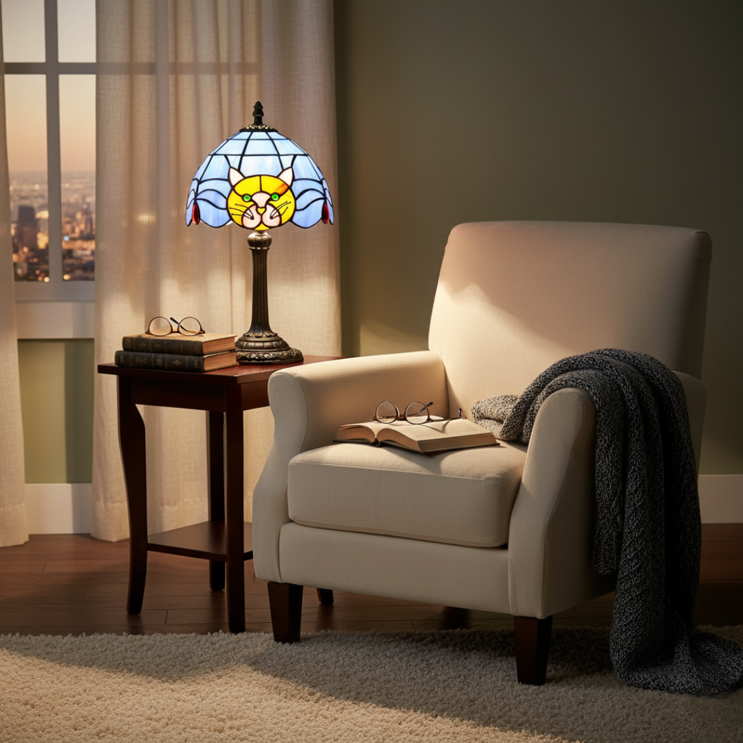 Lâmpada de Mesa Barroca Vintage com Gato para Cabeceira