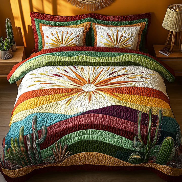 Conjunto de roupa de cama acolchoada de 3 peças - Pôr-do-sol entre cactos