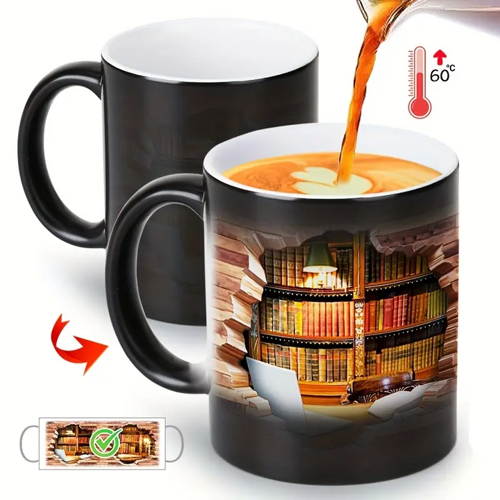 Caneca Cerâmica com Estante de Livros Mágica e Efeito de Calor