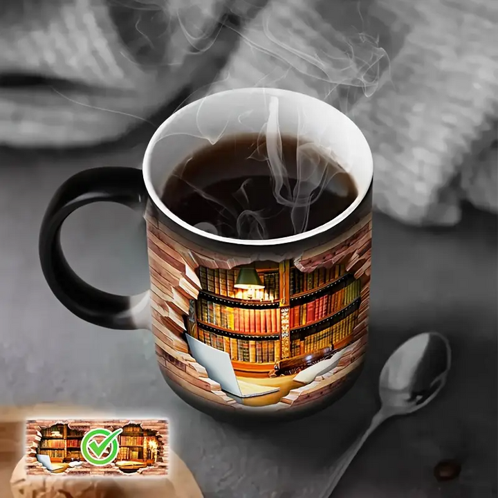 Caneca Cerâmica com Estante de Livros Mágica e Efeito de Calor