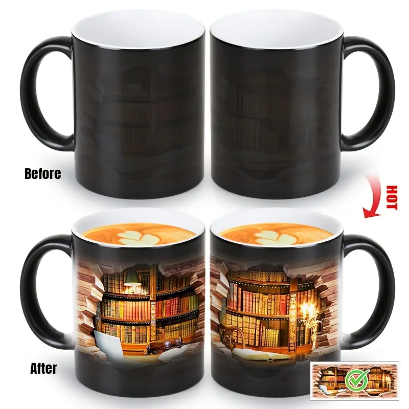 Caneca Cerâmica com Estante de Livros Mágica e Efeito de Calor