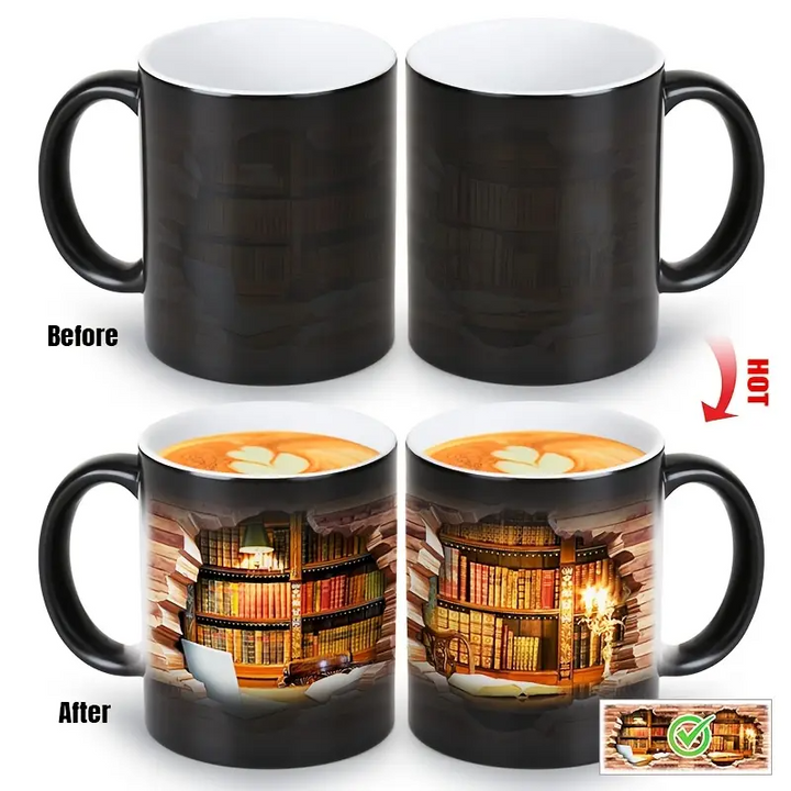 Caneca Cerâmica com Estante de Livros Mágica e Efeito de Calor