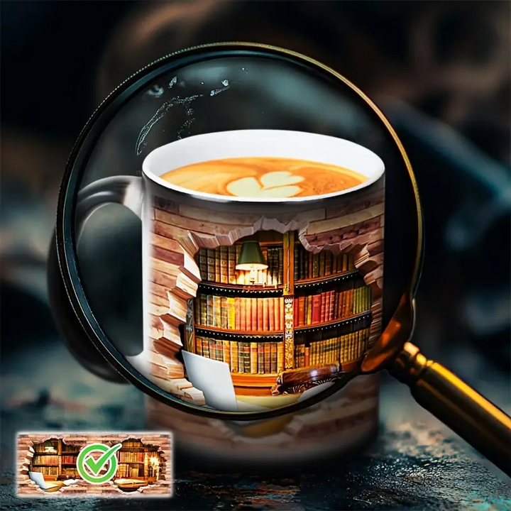 Caneca Cerâmica com Estante de Livros Mágica e Efeito de Calor