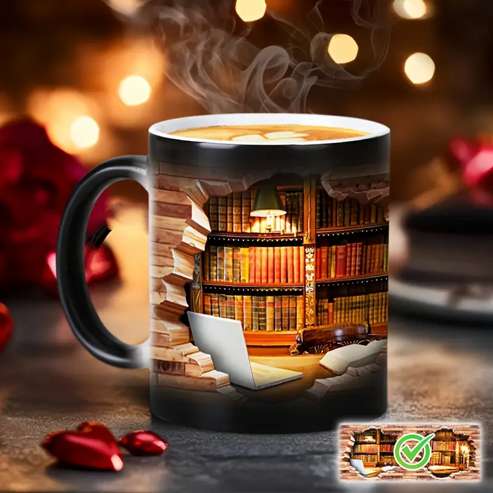 Caneca Cerâmica com Estante de Livros Mágica e Efeito de Calor