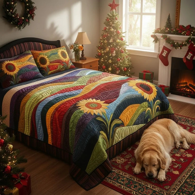 Conjunto de roupa de cama acolchoada de 3 peças - Sonhos de Girassóis no Campo