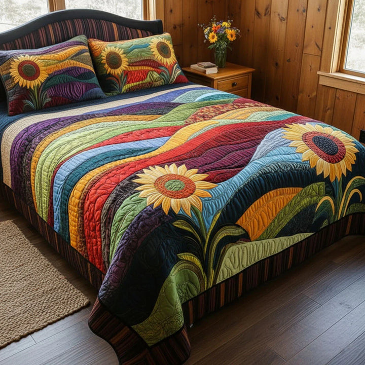 Conjunto de roupa de cama acolchoada de 3 peças - Sonhos de Girassóis no Campo