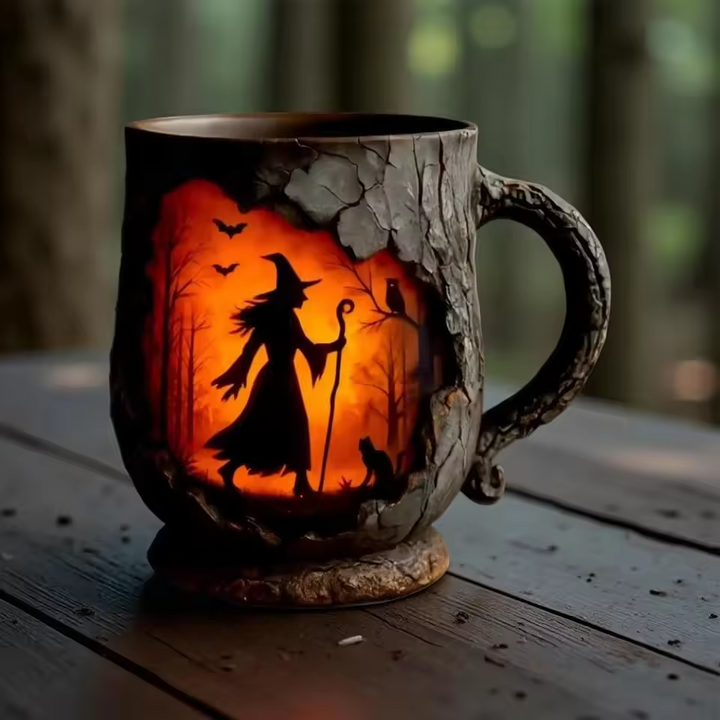 Caneca Artesanal 3D de Halloween – com Design de Bruxa e Gato