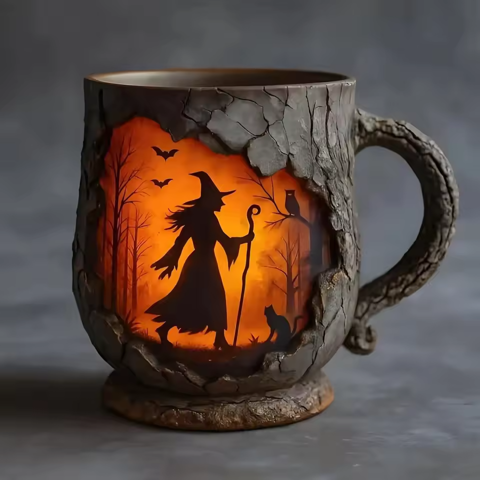 Caneca Artesanal 3D de Halloween – com Design de Bruxa e Gato