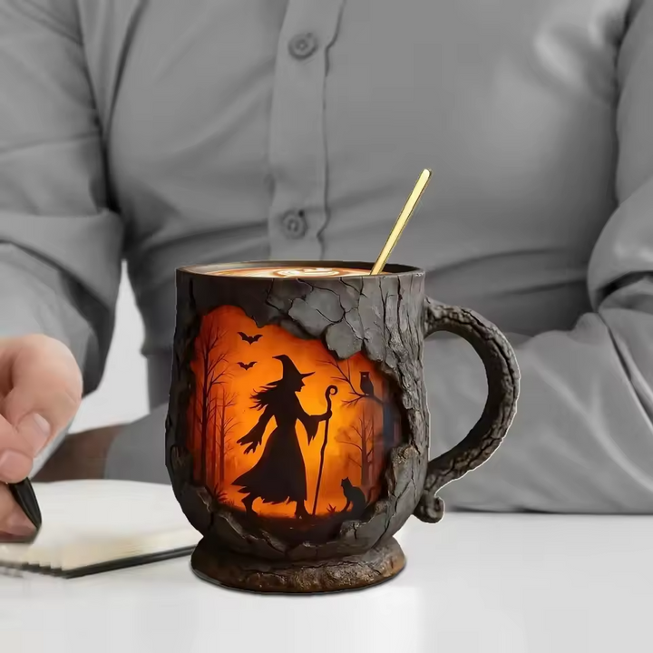 Caneca Artesanal 3D de Halloween – com Design de Bruxa e Gato
