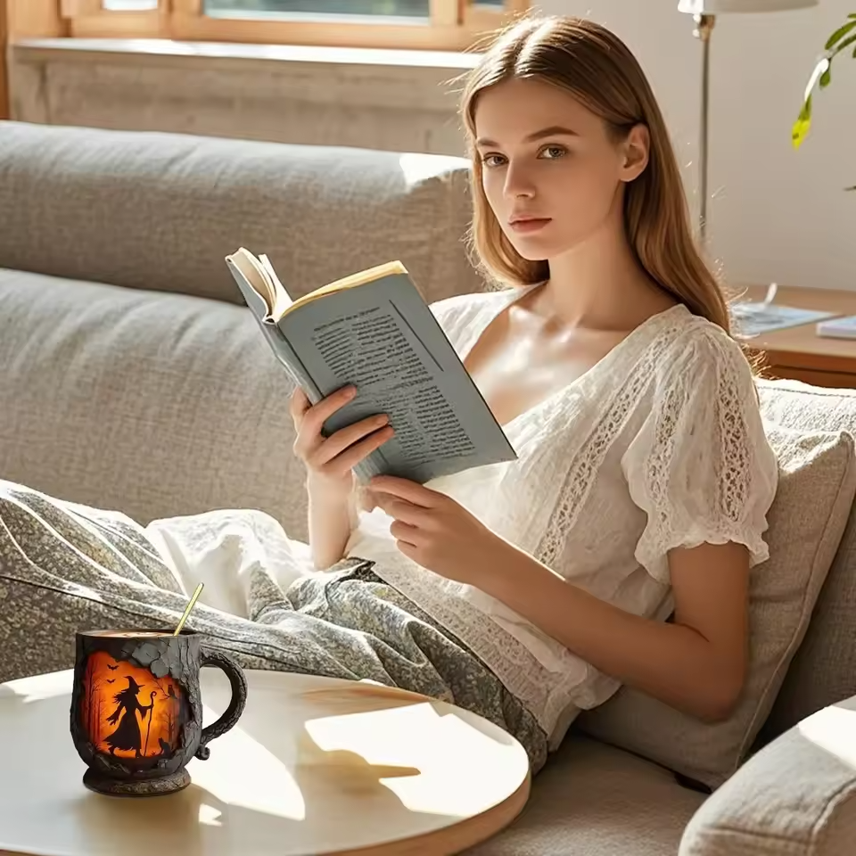 Caneca Artesanal 3D de Halloween – com Design de Bruxa e Gato