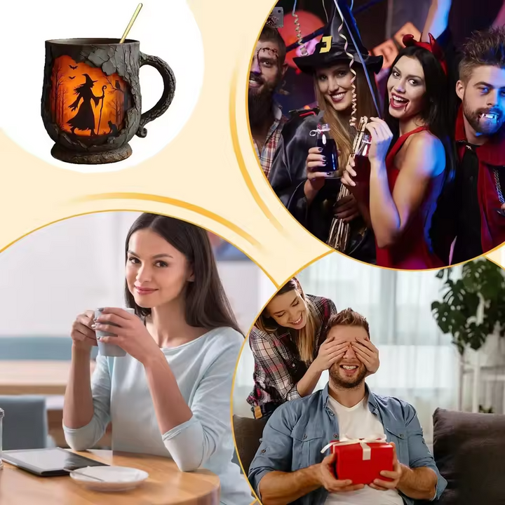 Caneca Artesanal 3D de Halloween – com Design de Bruxa e Gato