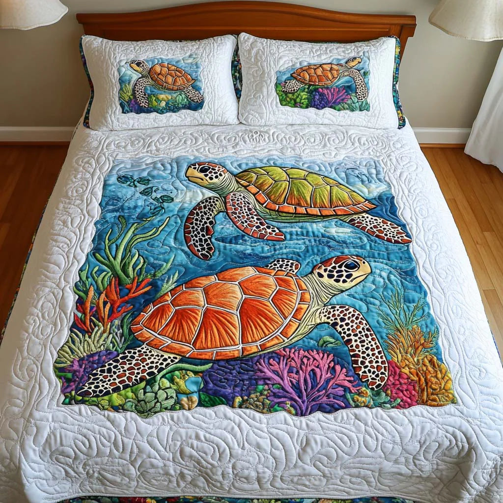 Conjunto de roupa de cama acolchoada de 3 peças - Tartarugas