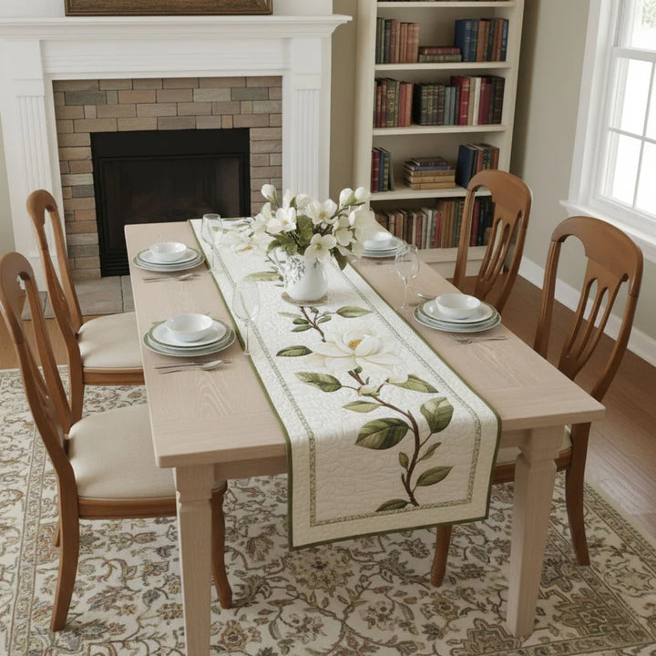 Caminho de mesa acolchoado - Flor de Magnólia Rústica