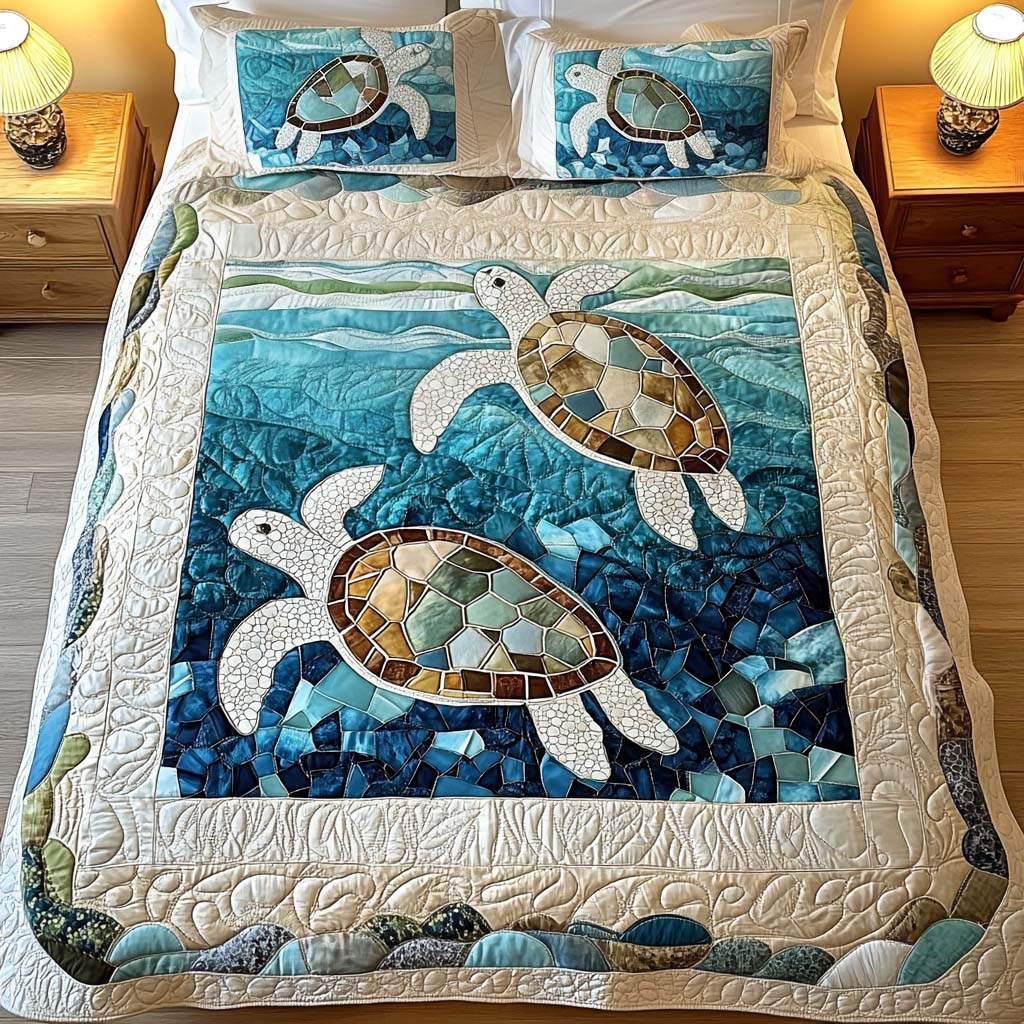 Conjunto de roupa de cama acolchoada de 3 peças - Tartarugas