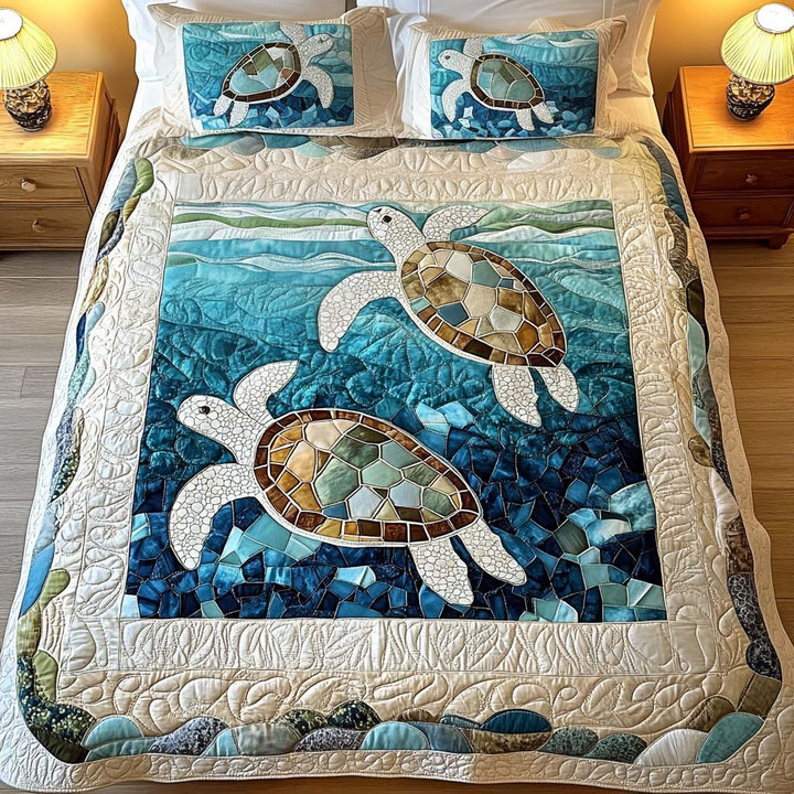 Conjunto de roupa de cama acolchoada de 3 peças - Tartarugas